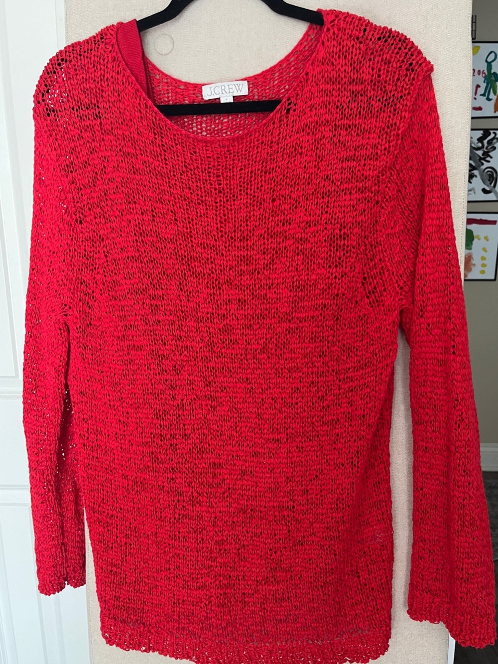 J. Crew Red Open-Knit Crewneck Sweater